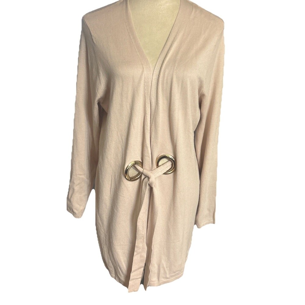 Cocobleu Tie Front Longline Cardigan Womens Large Oatmeal Minimalist Career